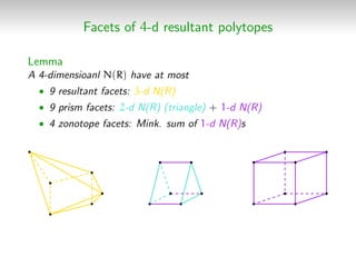 Facets of 4-d resultant polytopes
Lemma
A 4-dimensioanl N(R) have at most
• 9 resultant facets: 3-d N(R)
• 9 prism facets:...