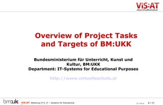 Bundesministerium für Unterricht, Kunst und Kultur, BM:UKK Department: IT-Systems for Educational Purposes http://www.virtuelleschule.at Overview of Project Tasks and Targets of BM:UKK 