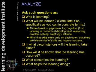 learning development institute                      ANALYZE

                                 www.learndev.org
                                                    Ask such questions as:
                                                    ! Who is learning?
                                                    ! What will be learned? (Formulate it as
                                                      specifically as you can in concrete terms.)
                                                        " Three domains: psycho-motor; cognitive (from
                                                          labeling to conceptual development, reasoning,
                                                          problem solving, creativity); attitude.
                                                        " Mind that skills often build on each other, that there
                                                          are hierarchies of skills and interconnections.
                                                    ! In what circumstances will the learning take
                                                      place?
                                                    ! How will it be known that the learning has
                                                      occurred?
                                                    ! What constrains the learning?
                                                    ! What helps the learning along?
                                                    25 February 2008   Formative Evaluation                        6
 
