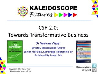 CSR 2.0:
Towards Transformative Business
Dr Wayne Visser
Director, Kaleidoscope Futures
Senior Associate, Cambridge Programme for
Sustainability Leadership

Copyright © 2014 Wayne Visser
& Kaleidoscope Futures Lab. Ltd

@WayneVisser
@CSRint

 