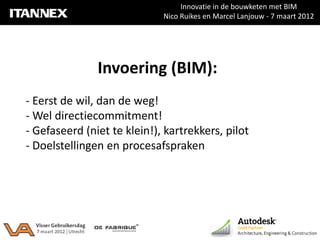 Innovatie in de bouwketen met BIM
                             Nico Ruikes en Marcel Lanjouw - 7 maart 2012




               Invoering (BIM):
- Eerst de wil, dan de weg!
- Wel directiecommitment!
- Gefaseerd (niet te klein!), kartrekkers, pilot
- Doelstellingen en procesafspraken
 