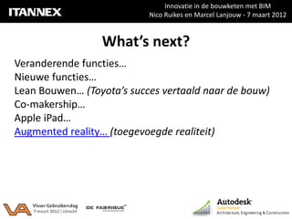Innovatie in de bouwketen met BIM
                           Nico Ruikes en Marcel Lanjouw - 7 maart 2012



                 What’s next?
Veranderende functies…
Nieuwe functies…
Lean Bouwen… (Toyota’s succes vertaald naar de bouw)
Co-makership…
Apple iPad…
Augmented reality… (toegevoegde realiteit)
 