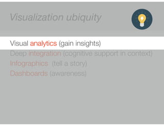 Visualization ubiquity 
Visual analytics (gain insights) 
Deep integration (cognitive support in context) 
Infographics (t...