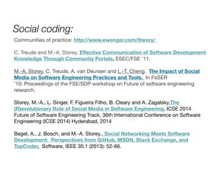 Social coding: 
Communities of practice: http://www.ewenger.com/theory/ 
! 
C. Treude and M.-A. Storey. Effective Communication of Software Development 
Knowledge Through Community Portals. ESEC/FSE ’11. 
M.-A. Storey, C. Treude, A. van Deursen and L.-T. Cheng. The Impact of Social 
Media on Software Engineering Practices and Tools. In FoSER 
’10: Proceedings of the FSE/SDP workshop on Future of software engineering 
research. 
! 
Storey, M.-A., L. Singer, F. Figueira Filho, B. Cleary and A. Zagalsky,The 
(R)evolutionary Role of Social Media in Software Engineering, ICSE 2014 
Future of Software Engineering Track, 36th International Conference on Software 
Engineering (ICSE 2014) Hyderabad, 2014 
! 
Begel, A., J. Bosch, and M.-A. Storey., Social Networking Meets Software 
Development: Perspectives from GitHub, MSDN, Stack Exchange, and 
TopCoder. Software, IEEE 30.1 (2013): 52-66. 
!!!!! 
 