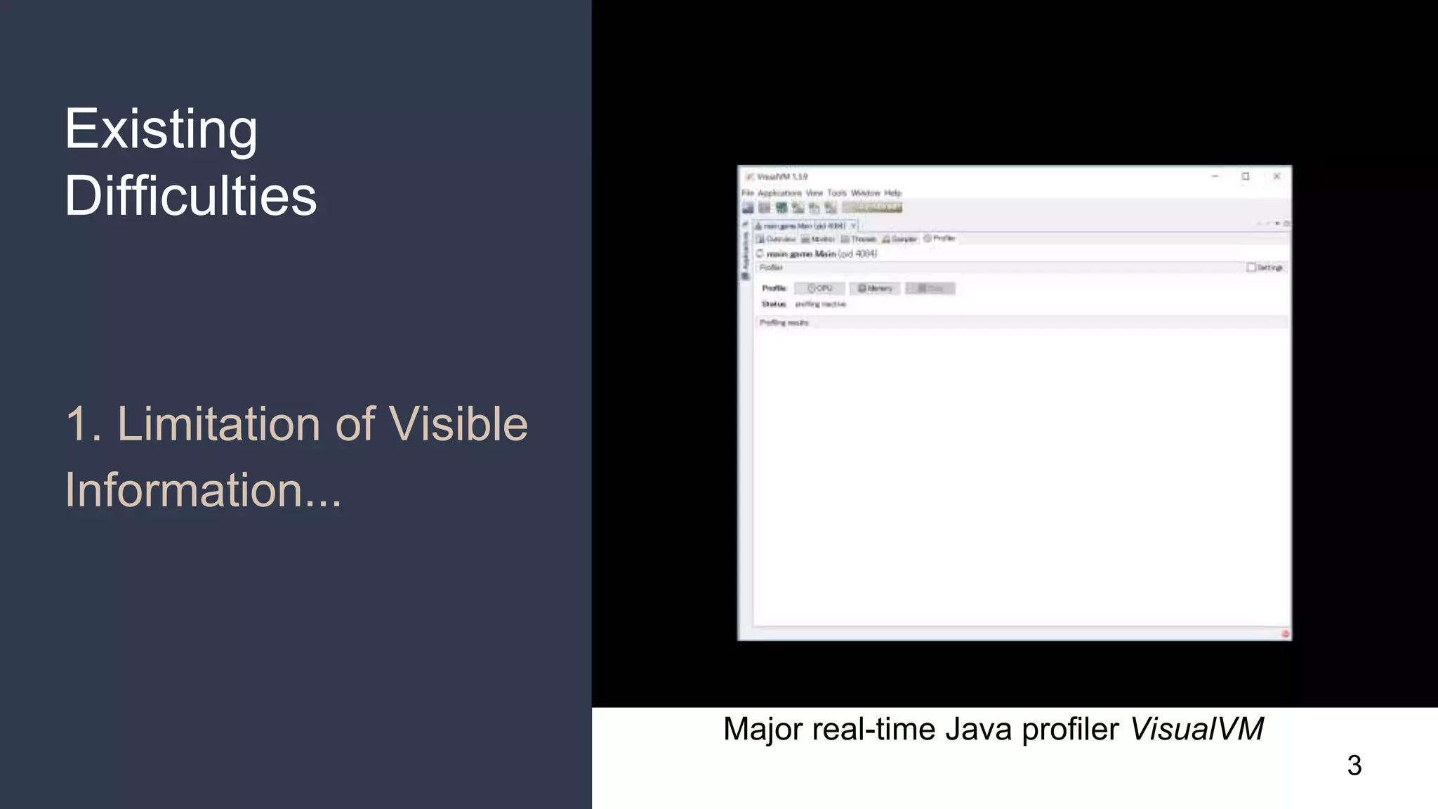 Existing
Difficulties
1. Limitation of Visible
Information...
Major real-time Java profiler VisualVM
3
 