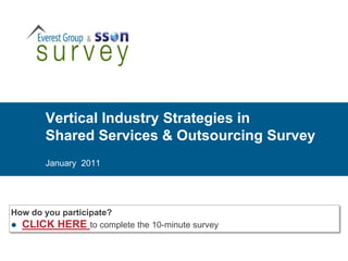 Vertical Industry Strategies in
       Shared Services & Outsourcing Survey
       January 2011




How do you participate?
 CLICK HERE to complete the 10-minute survey
 