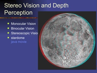 Stereo Vision and Depth
Perception
    Monocular Vision
    Binocular Vision
    Stereoscopic Vision
    stardome
     java movie
 