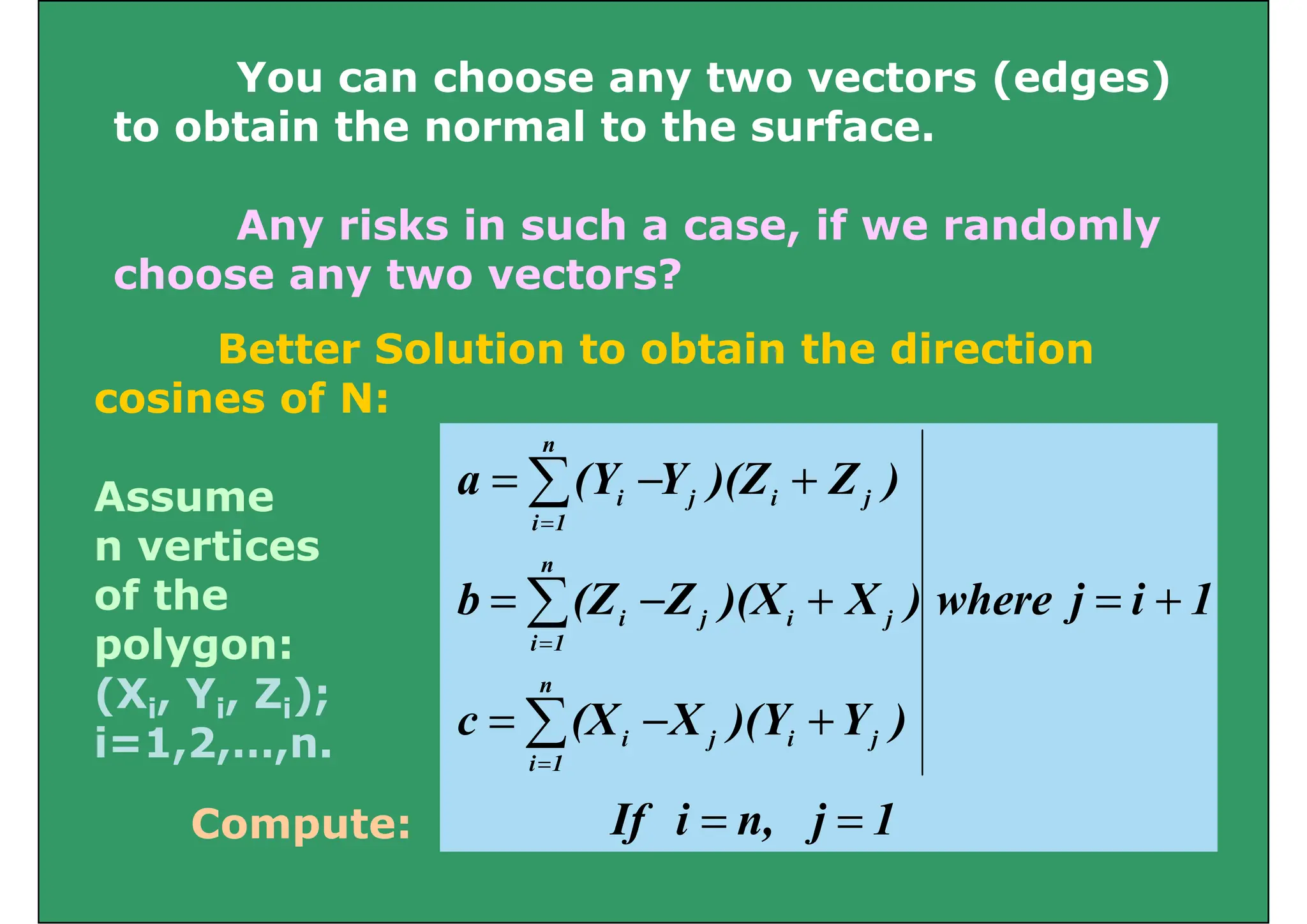 You can choose any two vectors (edges)
to obtain the normal to the surface.
Any risks in such a case, if we randomly
choose any two vectors?
Better Solution to obtain the direction
cosines of N:
cosines of N:
Assume )
Z
)(Z
Y
(Y
a j
i
j
n
i
+
−
= 
n vertices
of the 1
i
j
where
)
X
)(X
Z
(Z
b j
i
j
n
i
1
i
+
=
+
−
= 
=
polygon:
(Xi, Yi, Zi);
j
)
Y
)(Y
X
(X
c
)
)(
(
n
j
i
j
1
i
i
+
= 

=
i i i
i=1,2,…,n.
1
j
n
i
If
)
Y
)(Y
X
(X
c j
i
j
1
i
i
=
=
+
−
= 
=
Compute: 1
j
n,
i
If =
=
Compute:
 