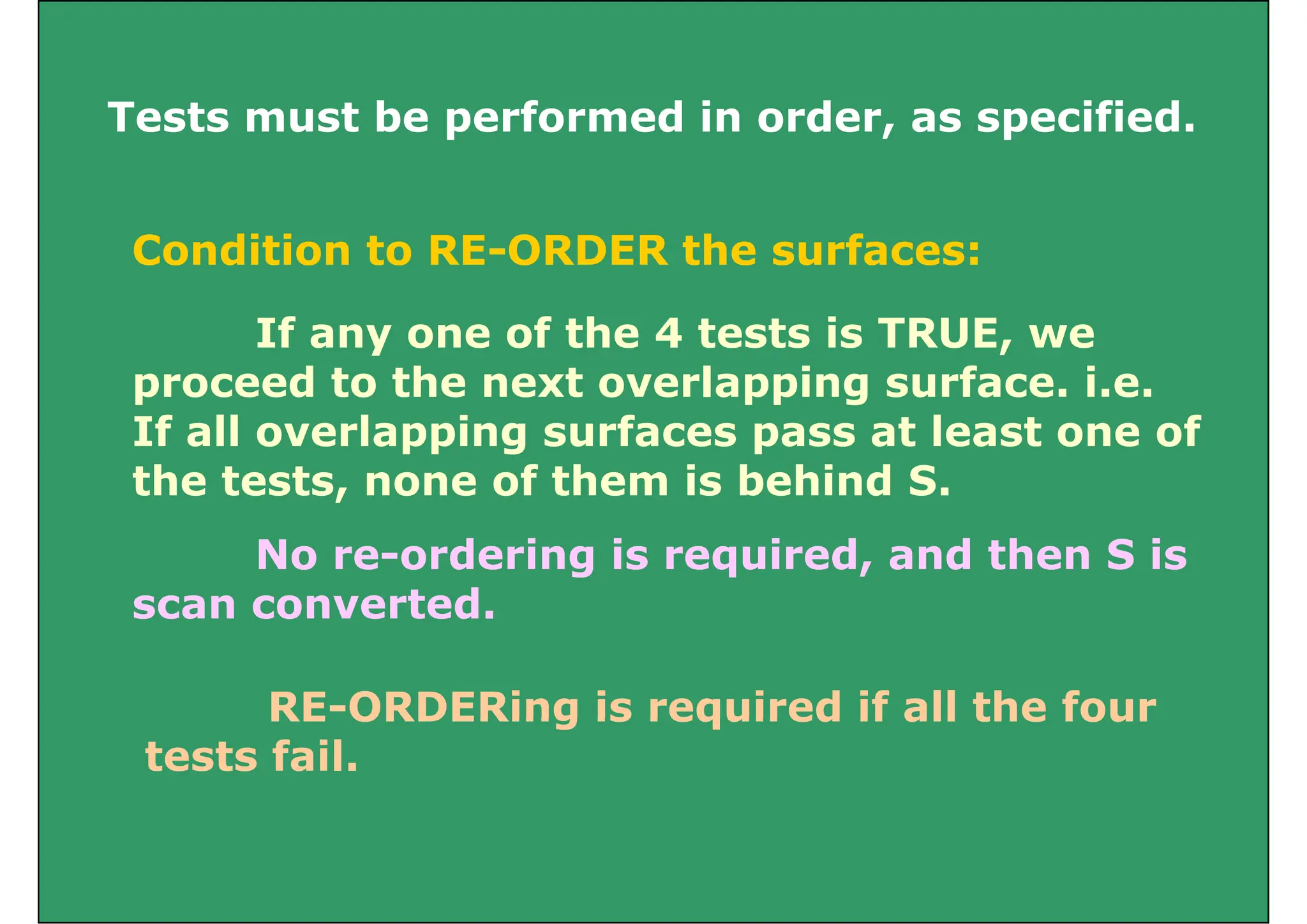 T b f d i d ifi d
Tests must be performed in order, as specified.
Condition to RE-ORDER the surfaces:
If any one of the 4 tests is TRUE, we
proceed to the next overlapping surface. i.e.
If all overlapping surfaces pass at least one of
the tests, none of them is behind S.
No re-ordering is required, and then S is
scan converted.
scan converted.
RE-ORDERing is required if all the four
RE ORDERing is required if all the four
tests fail.
 