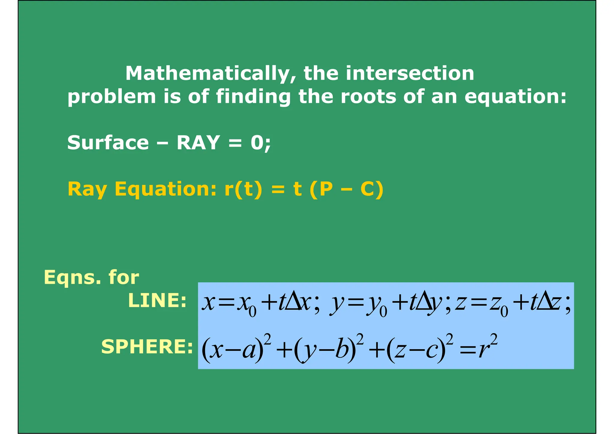 Mathematically, the intersection
problem is of finding the roots of an equation:
problem is of finding the roots of an equation:
Surface – RAY = 0;
Surface RAY = 0;
Ray Equation: r(t) = t (P – C)
Ray Equation: r(t) = t (P C)
Eqns. for
2
2
2
2
0
0
0 ;
;
; z
t
z
z
y
t
y
y
x
t
x
x Δ
+
=
Δ
+
=
Δ
+
=
LINE:
2
2
2
2
)
(
)
(
)
( r
c
z
b
y
a
x =
−
+
−
+
−
SPHERE:
 