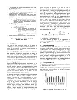 1.    Crawl daily news data and send the unranked news articles list to        system explained in Section 4.2 is that it will not
      the UI module of the system.                                             distinguish the tweets disseminated on news articles by
2.    Extract news title, news summary and news text for each news
      article per day.                                                         these news outlets – hence we devise a mechanism to do
3.    From the news summary extract named entities per news article            this using the Twitter social graph. One obvious point to
      through a named entity recognition approach.                             note in the social network of these news and media outlets
4.    Match each named entity across entities in the common entity             is that they have a large number of followers but a
      corpus and tag each named entity per news article as common or
      uncommon.                                                                negligible number of friends i.e., since they are news outlets
5.    Use Boolean query model to compose the query per news article:           many people follow them on Twitter but they follow none.
            a.      Use AND predicate with each common entity and OR           Hence it makes sense to utilize the following to follower
                   predicate with each uncommon entity. If all entities for    ratio for ranking of the news articles. Despite a lot of news
                   a particular news article are common use news title for
                   the query construction.                                     providers tweeting a particular news item, common users
6.    For all articles per day:                                                would also tweet it if the news is really popular among
            a.     Send a request to Twitter Search API and extract result     users. Moreover, if it is broadcasted but users do not take
                   tweets per news article per day                             interest in it then such a news item cannot be a popular
            b.     For each t in result tweet:
                           i. Use t’s metadata to find following and           news item (may be an over projected news). Equation 1
                               follower statistics for each unique Twitterer   shows the formula that we use.
                               who has tweeted about the news article
                          ii. Calculate rank of each article using the                                          followings
                               ranking function (explained in detail in                                                                 (1)
                                                                                     for all Twitterers Of News followers
                               Section 4.4)
7.    Send the ranked news articles list to the UI module of the system

         Table 1: Algorithmic Flow of News Popularity                          5     EXPERIMENTAL EVALUATIONS
                    Ranking using Twitter                                      This section presents the details of the experiments we
                                                                               conducted over a period of 10 days from 17th October to
                                                                               26th October, 2010.
4.3    User Interface
The focus of our prototype system is to detect the                             5.1    Experimental Dataset
popularity of a news topic/article over time and hence at the                  The dataset comprises of the front pages news articles from
core of the user interface is a timeline. Figure 3 displays the                Dawn.com [3], a famous Pakistani news paper’s website
timeline for 29th October, 2010.                                               which publishes news in the English language. We collect
                                                                               their articles on daily basis from 17th October to 26th
As mentioned in Section 4.2 the system shows the timelined
                                                                               October – we then perform the analysis using our system.
news assessment over a period of four days. The data of the
                                                                               For each day’s news data the Twitter module is run at a gap
news articles taken from the original news source is shown
                                                                               of one day hence providing a fair comparison for all the
side by side with the popularity ranks calculated using our
                                                                               days. The statistics collected for each run include the
Twitter module. This system simultaneously addresses the
                                                                               number of tweets per news article per day and the ranking
temporal and popularity aspects within the news domain.
                                                                               scores obtained through equation 1 in Section 4.4.
4.4    Ranking Approach
                                                                               5.2    Experimental Results
In this section we explain our ranking methodology for the
                                                                               Three sets of experimental results are shown as verification
ranking module within the Twitter module of our system –
                                                                               for each claim made in Section 1.
one easy approach could be to count the number of tweets
corresponding to each news article that are retrieved by the                   The first set of experimental results shows the percentage of
Twitter Search API. We argue however that taking into                          news discovered in tweets during the period of our study.
account social network features of Twitter is a more                           Figure 4 shows the results.
effective means of ranking the news articles.
As explained in Section 3.3 there is a follower paradigm in
Twitter – if user a choses to follow user b then user a is a
follower if we look at it from the viewpoint of user b
whereas friend if we look at it from the viewpoint of user a
– this friend is to followers relationship is what we make
use of in our ranking methodology. With the growing
popularity of Twitter as a news media as we explained in
detail in Section 3.3, many news and media outlets have
migrated to Twitter with these channels maintaining their
channels’ Twitter account for news dissemination and
propagation. One potential drawback of our proposed                                    Figure 4: Percentage of News in Tweets per Day
 