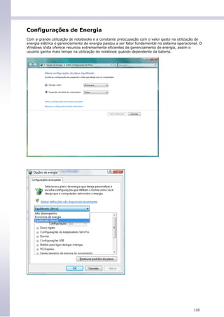 Configurações de Energia
Com a grande utilização de notebooks e a constante preocupação com o valor gasto na utilização de
energia elétrica o gerenciamento de energia passou a ser fator fundamental no sistema operacional. O
Windows Vista oferece recursos extremamente eficientes de gerenciamento de energia, assim o
usuário ganha mais tempo na utilização do notebook quando dependente da bateria.




                                                                                               110
 