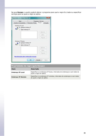 Na guia Escopo o usuário poderá alterar o programa para qual a regra foi criada ou especificar
serviços para os quais a regra se aplica.




Propriedades da regra (guia Escopo)
Item                      Descrição

Endereço IP Local         Especificar os endereços IP locais, intervalos de endereços e sub-redes às
                          quais a regra se aplica.

                          Especificar os endereços IP remotos, intervalos de endereços e sub-redes
Endereço IP Remoto
                          às quais a regra se aplica.




                                                                                                       88
 