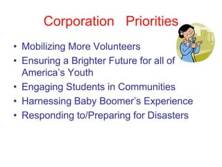 Corporation Priorities
• Mobilizing More Volunteers
• Ensuring a Brighter Future for all of
  America’s Youth
• Engaging Students in Communities
• Harnessing Baby Boomer’s Experience
• Responding to/Preparing for Disasters
 