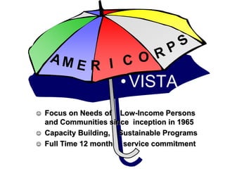O
                       • VISTA
   Focus on Needs of Low-Income Persons
    and Communities since inception in 1965
   Capacity Building, Sustainable Programs
   Full Time 12 month service commitment
 