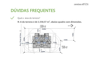DÚVIDAS FREQUENTES
Qual a área do terreno?
R: A do terreno é de 1.558,57 m², abaixo quadro com dimensões.
corretora ARTISTA
 