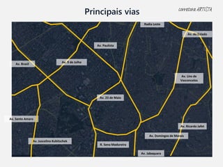 Principais vias
Av. Paulista
Av. 23 de Maio
Av. Brasil
Av. Santo Amaro
Av. Ricardo Jafet
Av. Jabaquara
Av. 9 de Julho
R. Sena Madureira
Av. Juscelino Kubitschek
Radia Leste
Av. Domingos de Morais
Av. do Estado
Av. Lins de
Vasconcelos
corretora ARTISTA
 