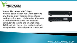 WWW.VISTACOMINC.COM
Kramer Electronics VIA Collage
Wireless collaboration hub which converts
any display at any location into a shared
workspace for team collaboration. Common
platform from desktops and notebook
computers to tablets and smartphones.
BYOD and join the session easily, just login
using Wi−Fi or LAN and you are connected.
 