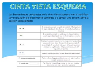 Las herramientas propuestas en la cinta Vista Esquema van a modificar
la visualización del documento completo o a aplicar una acción sobre la
sección seleccionada:
 