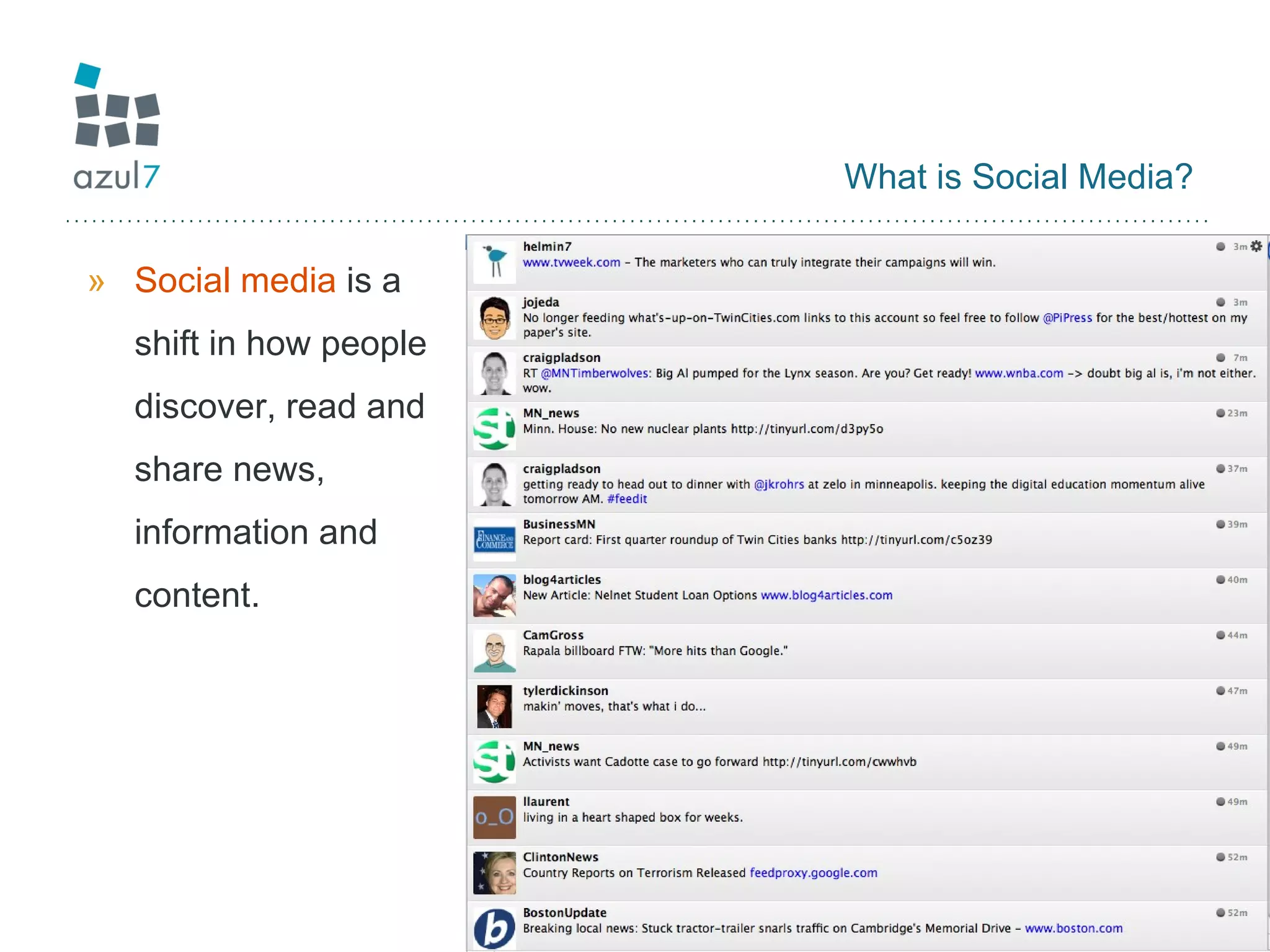 What is Social Media? Social media  is a shift in how people discover, read and share news, information and content.  