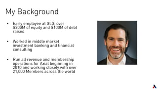 My Background
•  Early employee at GLG, over
$200M of equity and $100M of debt
raised
•  Worked in middle market
investment banking and financial
consulting
•  Run all revenue and membership
operations for Axial beginning in
2010 and working closely with over
21,000 Members across the world
 