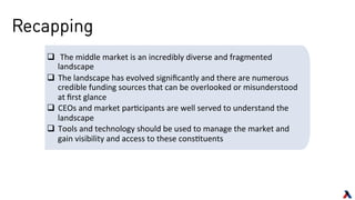 q  	
  The	
  middle	
  market	
  is	
  an	
  incredibly	
  diverse	
  and	
  fragmented	
  
landscape	
  
q  The	
  landscape	
  has	
  evolved	
  signiﬁcantly	
  and	
  there	
  are	
  numerous	
  
credible	
  funding	
  sources	
  that	
  can	
  be	
  overlooked	
  or	
  misunderstood	
  
at	
  ﬁrst	
  glance	
  
q  CEOs	
  and	
  market	
  par(cipants	
  are	
  well	
  served	
  to	
  understand	
  the	
  
landscape	
  
q  Tools	
  and	
  technology	
  should	
  be	
  used	
  to	
  manage	
  the	
  market	
  and	
  
gain	
  visibility	
  and	
  access	
  to	
  these	
  cons(tuents	
  
Recapping
 