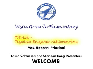 Mrs. Hansen, Principal

Laura Valvassori and Shannon Kong, Presenters
             WELCOME!
 