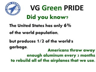 VG Green PRIDE
         Did you know?
The United States has only   6%
of the world population,

but produces 1/2 of the world's
garbage.
                     Americans throw away
         enough aluminum every 3 months
 to rebuild all of the airplanes that we use.
 