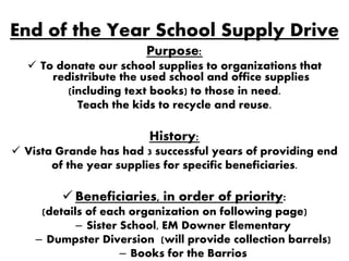 End of the Year School Supply Drive
                        Purpose:
   To donate our school supplies to organizations that
      redistribute the used school and office supplies
         (including text books) to those in need.
           Teach the kids to recycle and reuse.

                        History:
 Vista Grande has had 3 successful years of providing end
       of the year supplies for specific beneficiaries.

          Beneficiaries, in order of priority:
     (details of each organization on following page)
            – Sister School, EM Downer Elementary
    – Dumpster Diversion (will provide collection barrels)
                     – Books for the Barrios
 