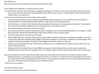Dear VG Parents,
We’re proud to present the members of Vista Grande’s first Green Team.

Our 4th graders and 5th graders include (list of kids names)
For this first year, our Green Team will educate, engage and empower our children to live more sustainably at school, home and
     in our community. Our Green Team will spearhead two key efforts on our campus: 1) reduce waste in the lunchroom and 2)
     reduce waste in our classrooms.
Here are some of the ways you’ll see our Green Team at work:
 Our Green Team will serve as campus leaders helping fellow students recycle more in our lunchroom and encourage re-
     usable products like sandwich bags and water bottles – keep an eye out for their green vests.
 In the classroom, our Green Team members will provide ideas for reducing and reusing paper and materials. They will guide
     VG’s environmental efforts helping to teach all VG students that “every choice counts”.
 Monitoring recycling in the recycle cans around school.
 At Carnival, we will have a booth to display many ideas for packing a more environmentally friendly lunch including re-usable
     bags and bottles. We will be selling VG logo’d metal water bottles as well as a plastic option.
 On VGTV, stay tuned for our Green tip of the week.
 During PRIDE bake sales, the Green Team will encourage students who bake the treats to transport their goodies to school in
     creative ways other than individual plastic baggies. Some ideas would be in a shoe box or wrapped in parchment paper. Then
     students purchasing the goodies will be given a wax baggie to place their treats in as they buy.
 Field trips to other schools that have a Green Team in full force such as Lafayette’s Burton Valley; possibly a field trip to the
     recycle center in Martinez.
 Other green efforts include Girl Scout Troop 30830 assuming our Green Fundraiser from last year, which entails bring
     electronic waste into the office for recycling. In turn, our school is receives cash for the electronic items sent in for recycling.

We want to extend our thanks to Laura Neary, Adam Liebow and Caitlin Mino who will serve as our teacher mentors. We are
    looking forward to an exciting year as we educate and excite our students in not only the 3 R’s of schooling but also the 3 R’s
    of our environment. We’ve included several flyers that can serve as helpful reminders on how to reduce waste and recycle in
    your home. We hope that you’ll hang them up as friendly reminders.
Thank you for your support,

Your VG Green Team moms,
Jen Romano, Shannon Kong, and Laura Valvassori
 