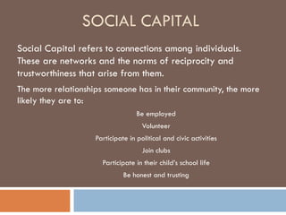 SOCIAL CAPITAL Social Capital refers to connections among individuals. These are networks and the norms of reciprocity and trustworthiness that arise from them. The more relationships someone has in their community, the more likely they are to: Be employed Volunteer Participate in political and civic activities Join clubs Participate in their child’s school life Be honest and trusting 