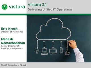 Vistara 3.1
Delivering Unified IT Operations

Eric Krock
Director of Marketing

Mahesh
Ramachandran
Senior Director of
Product Management

The IT Operations rights reserved.
Cloud
Copyright © 2014 VistaraIT, Inc. All

Vistara Confidential

The IT Operations Cloud

 