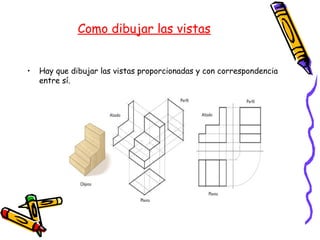 Como dibujar las vistas
• Hay que dibujar las vistas proporcionadas y con correspondencia
entre sí.
 