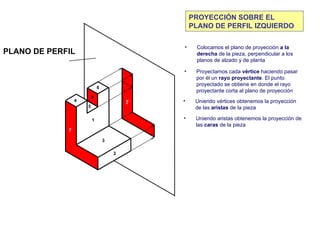 PROYECCIÓN SOBRE EL PLANO DE PERFIL IZQUIERDO Colocamos el plano de proyección  a la derecha  de la pieza, perpendicular a los planos de alzado y de planta Proyectamos cada  vértice  haciendo pasar por él un  rayo proyectante . El punto proyectado se obtiene en donde el rayo proyectante corta al plano de proyección Uniendo vértices obtenemos la proyección de las  aristas  de la pieza Uniendo aristas obtenemos la proyección de las  caras  de la pieza 7   PLANO DE PERFIL 1   2   3   4   5   6   7   8   