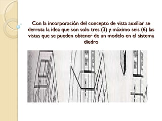 Con la incorporación del concepto de vista auxiliar se derrota la idea que son solo tres (3) y máximo seis (6) las vistas que se pueden obtener de un modelo en el sistema diedro 