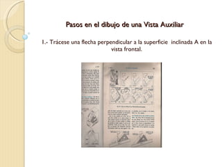 Pasos en el dibujo de una Vista Auxiliar 1.- Trácese una flecha perpendicular a la superficie  inclinada A en la vista frontal. 
