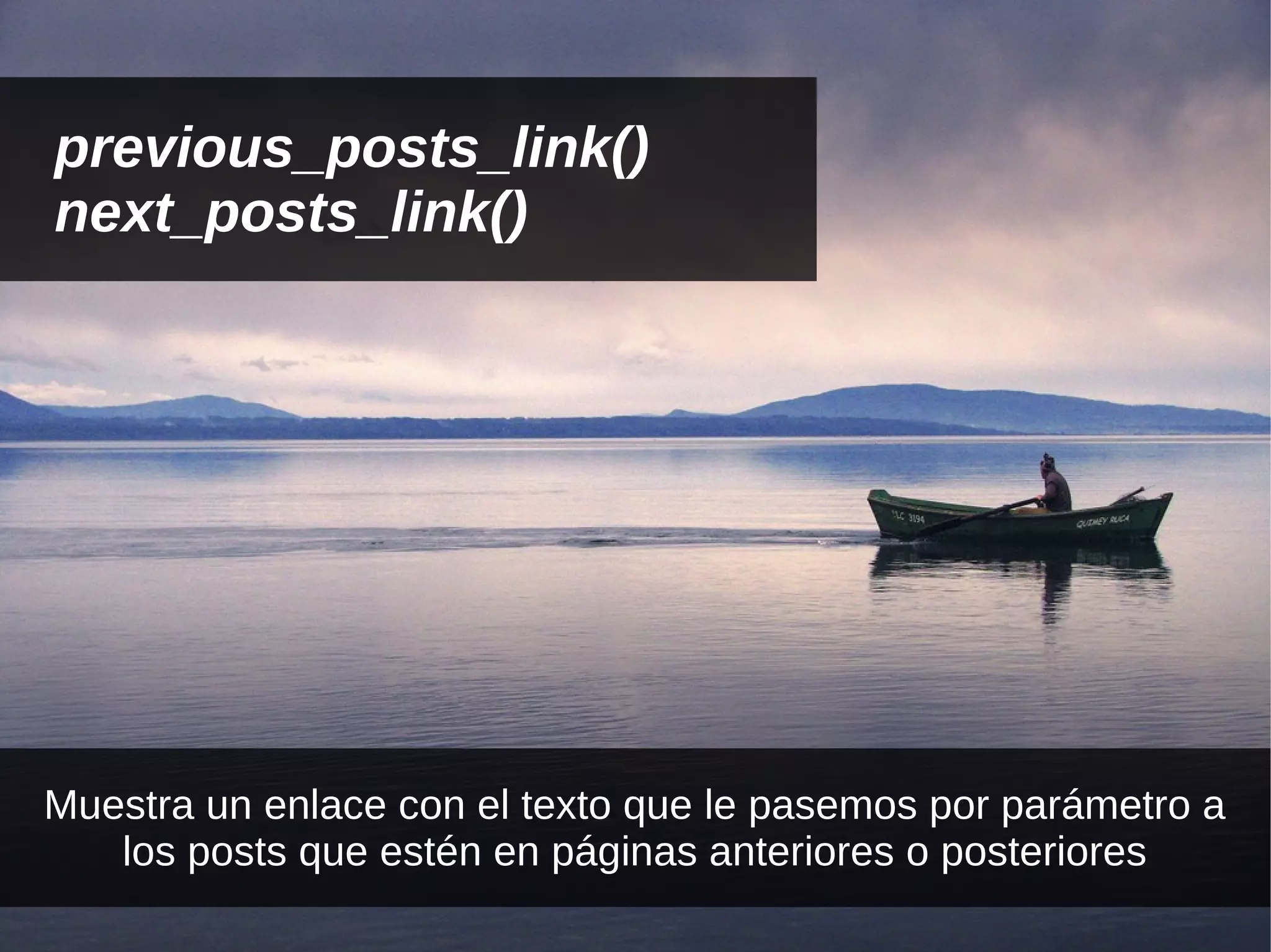 previous_posts_link()
next_posts_link()




Muestra un enlace con el texto que le pasemos por parámetro a
   los posts que estén en páginas anteriores o posteriores
 