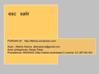 esc salir




Publicado en: http://9letras.wordpress.com/

Autor : Alberto Abarca alberabarca@gmail.com
Autor pictogramas: Sergio Palao
Procedencia: ARASAAC (http://catedu.es/arasaac/) Licencia: CC (BY-NC-SA)
 