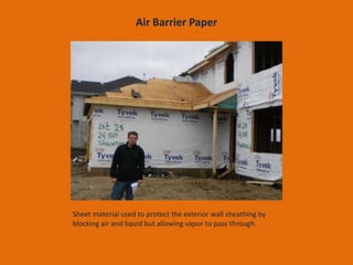 Air Barrier Paper Sheet material used to protect the exterior wall sheathing by blocking air and liquid but allowing vapor to pass through. 
