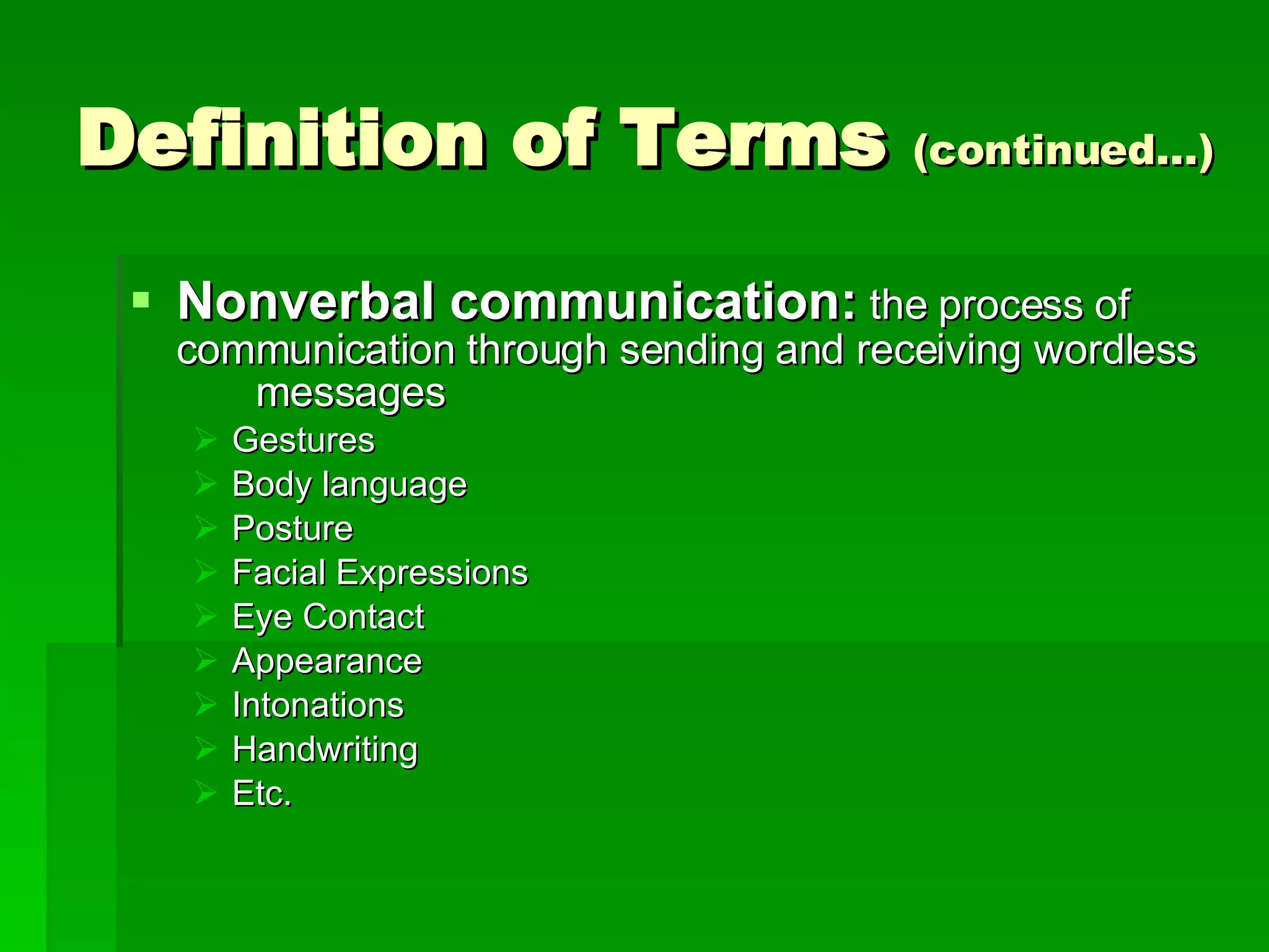 Definition of Terms  (continued…) Nonverbal communication:  the process of communication through sending and receiving wordless  messages   Gestures Body language Posture Facial Expressions Eye Contact Appearance Intonations Handwriting Etc. 