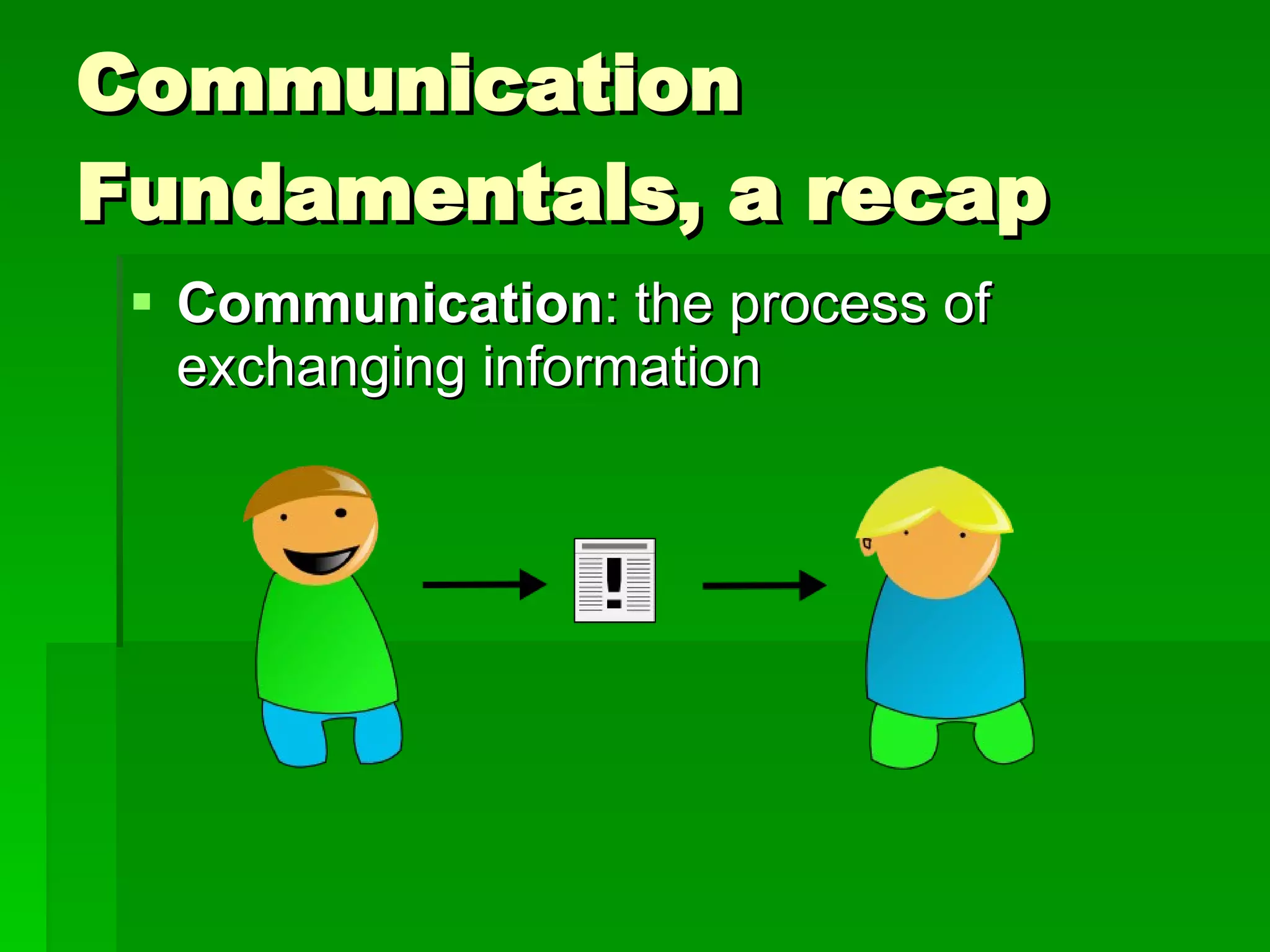 Communication Fundamentals, a recap Communication : the process of exchanging information 