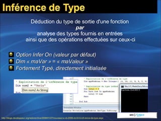 Option Infer On (valeur par défaut) Dim « maVar » = « maValeur » Fortement Typé, directement initialisée Déduction du type de sortie d'une fonction  par   analyse des types fournis en entrées  ainsi que des opérations effectuées sur ceux-ci http://blogs.developpeur.org/redo/archive/2008/01/27/nouveaut-s-vb-2008-vb-9-0-l-inf-rence-de-type.aspx   