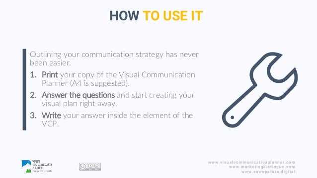 www.visualcommunicationplanner.com
www.marketingdistinguo.com
www.anewpathto.digital
HOW TO USE IT
Outlining your communication strategy has never
been easier.
1. Print your copy of the Visual Communication
Planner (A4 is suggested).
2. Answer the questions and start creating your
visual plan right away.
3. Write your answer inside the element of the
VCP.
 