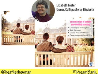 #DreamBank@heatherheuman
Elizabeth Foster
Owner, Calligraphy by Elizabeth
 