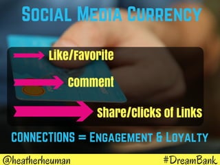 #DreamBank@heatherheuman
Social Media Currency
Like/Favorite
Comment
Share/Clicks of Links
CONNECTIONS = Engagement & Loyalty
 