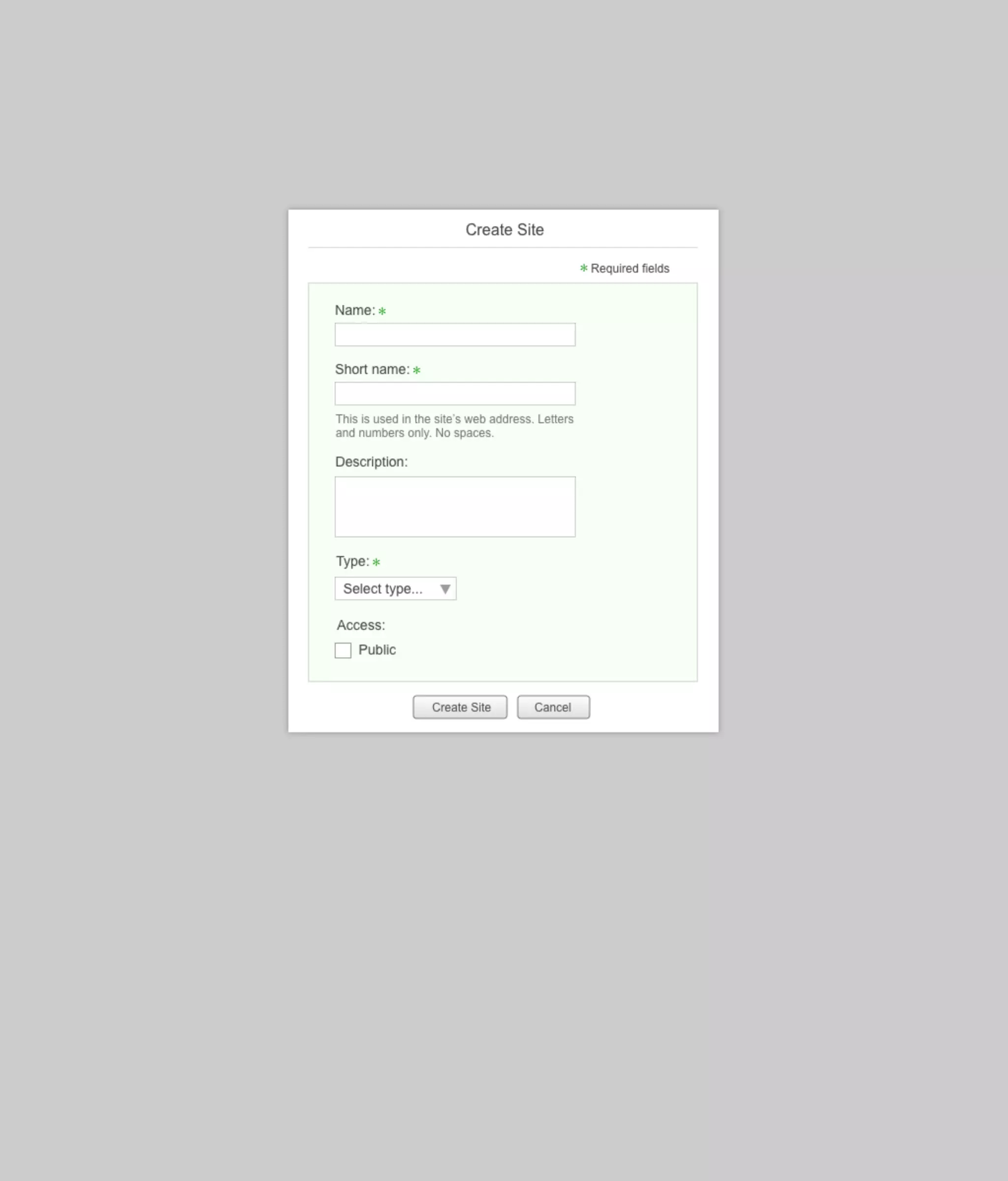 Visual Design - Create Site Dialog