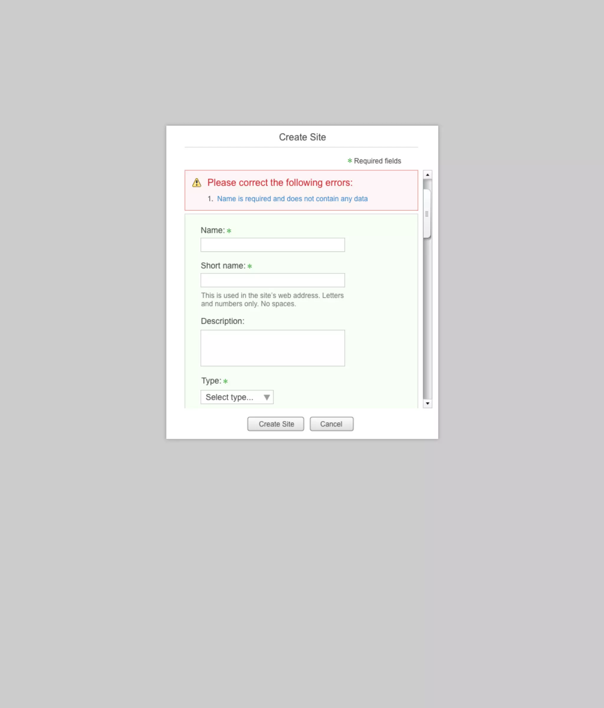Visual Design - Create Site Dialog