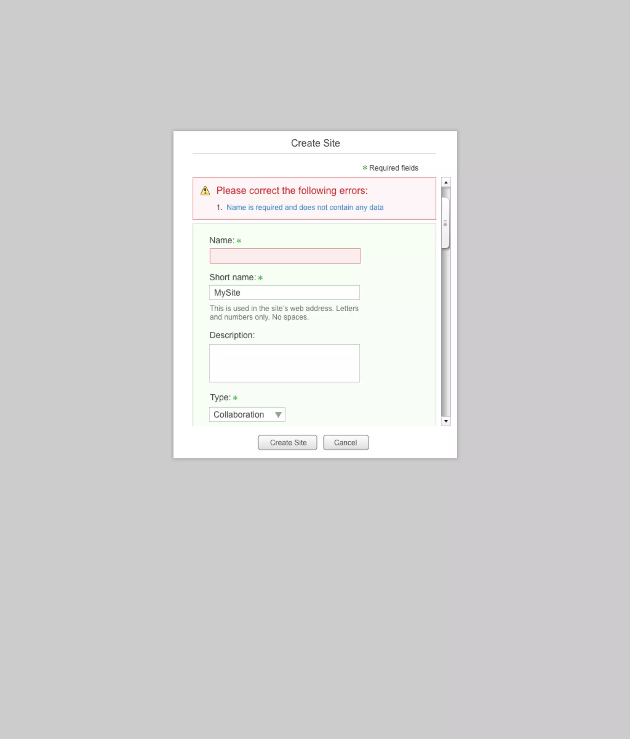 Visual Design - Create Site Dialog