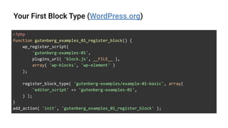<?php
function gutenberg_examples_01_register_block() {
wp_register_script(
'gutenberg-examples-01',
plugins_url( 'block.js', __FILE__ ),
array( 'wp-blocks', 'wp-element' )
);
register_block_type( 'gutenberg-examples/example-01-basic', array(
'editor_script' => 'gutenberg-examples-01',
) );
}
add_action( 'init', 'gutenberg_examples_01_register_block' );
 