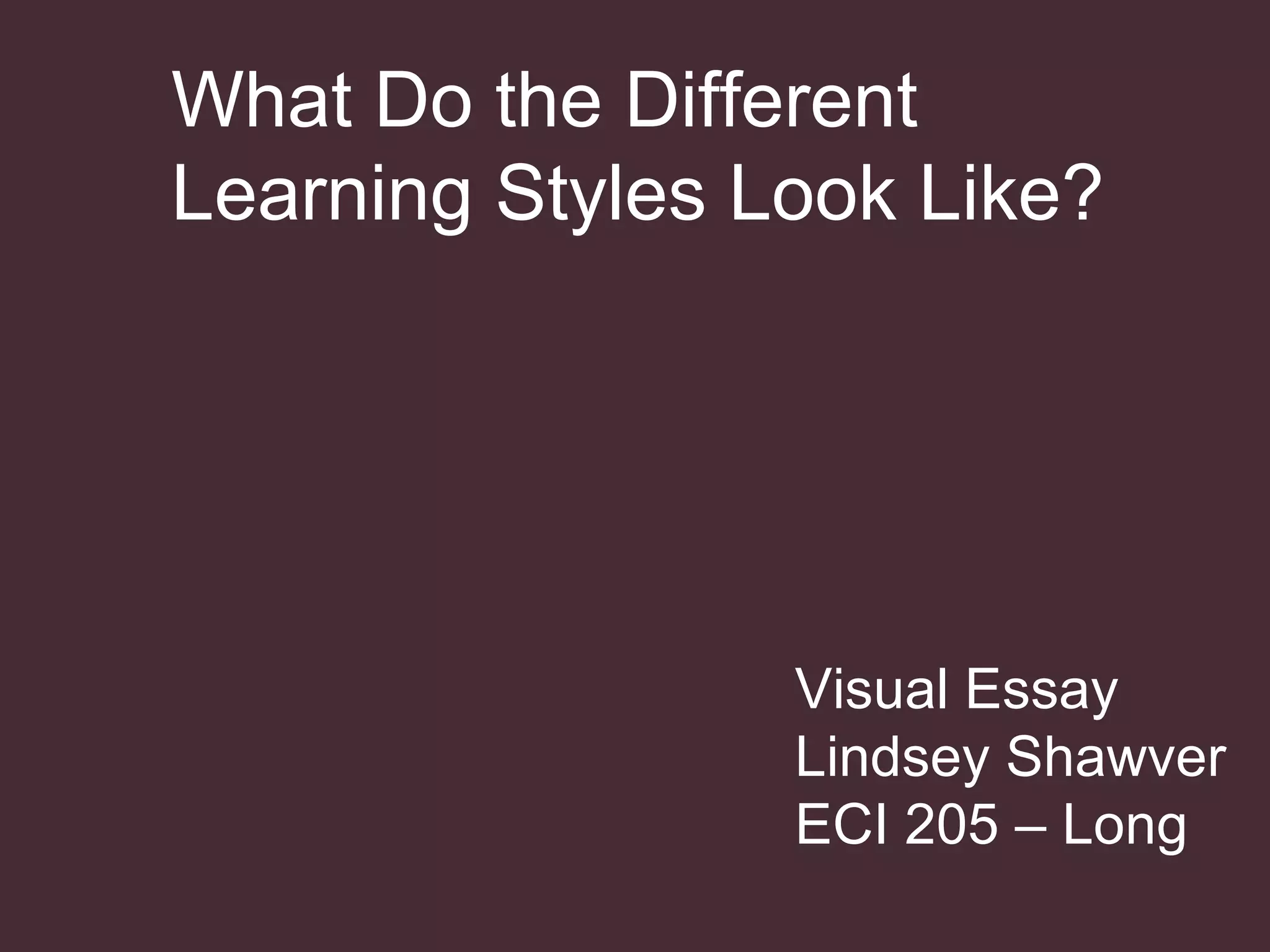 Visual Essay Lindsey Shawver ECI 205 – Long What Do the Different Learning Styles Look Like?